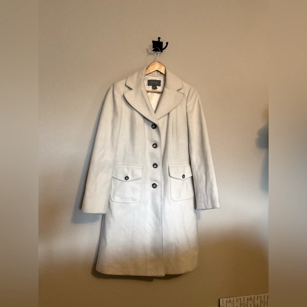 Ann Taylor Wool-Blend Long Coat Women’s Sz 6 Beige Cream Button Coat Silk Lined